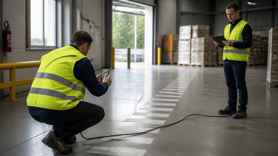 Aplikacja do zgłaszania near miss w praktyce Pracownik w magazynie zgłasza near miss przez smartfon, robi zdjęcie zagrożenia, porządek i naturalne światło.