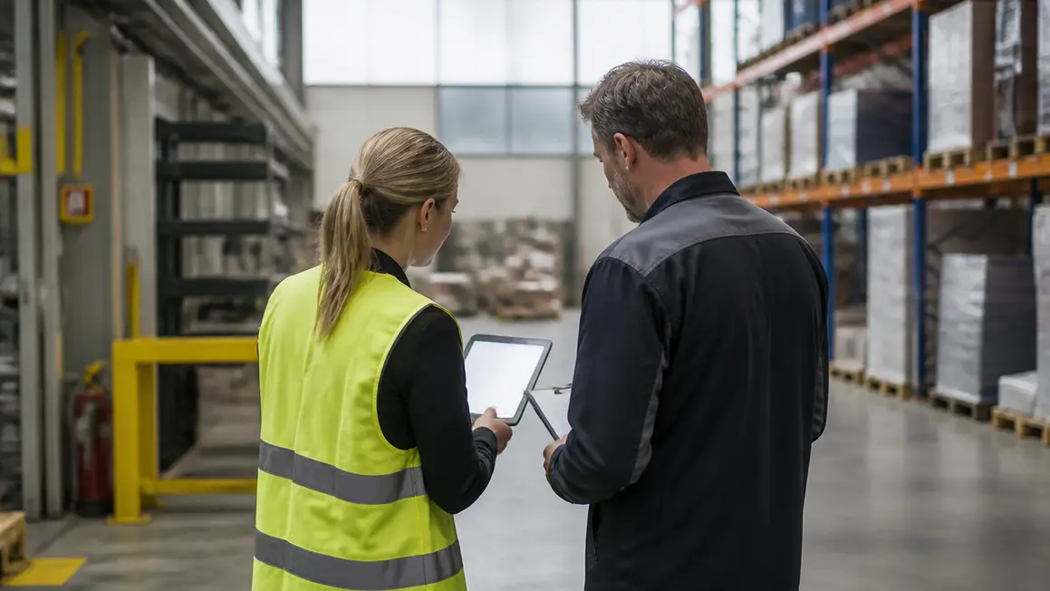 Przygotowanie firmy do audytu i kontroli stanu BHP Pracownik służby BHP i kierownik przeglądają tablet i dokumenty w uporządkowanej hali podczas przygotowań do audytu.