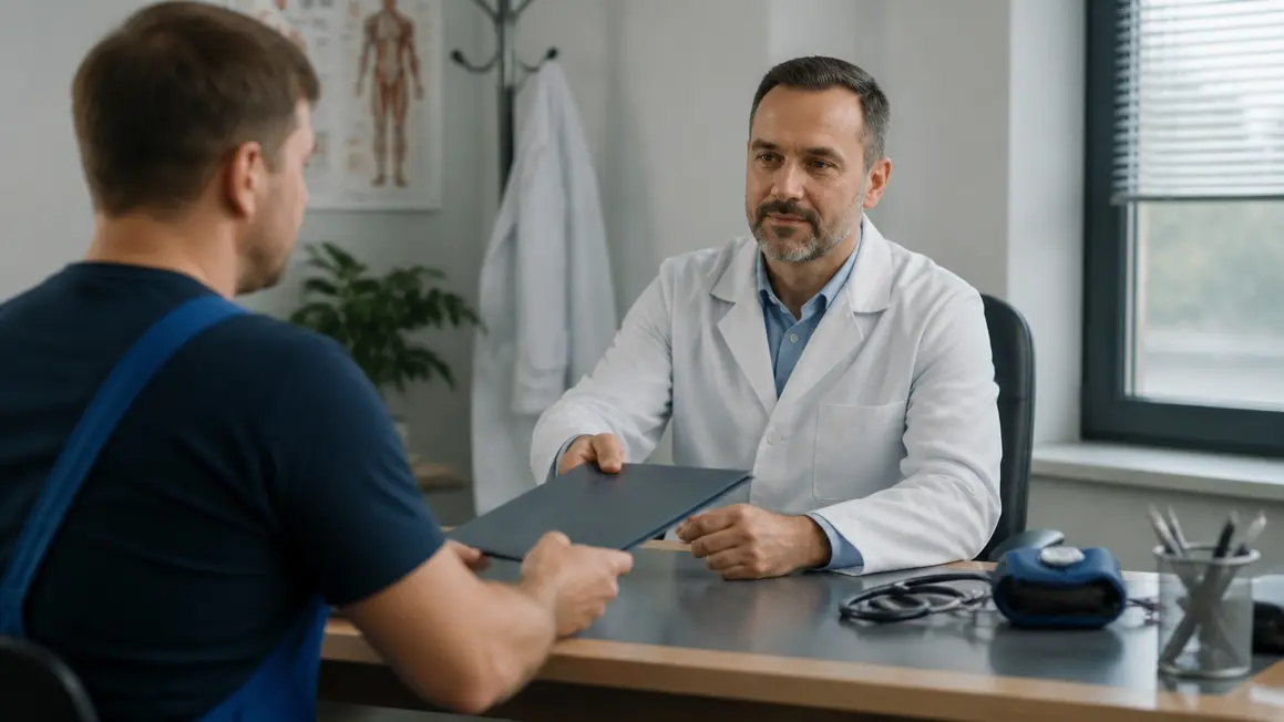 Badania okresowe: lekarz omawia orzeczenie i terminy z pracownikiem Lekarz medycyny pracy omawia z pracownikiem orzeczenie w zamkniętej teczce, naturalne światło, spokojna scena.