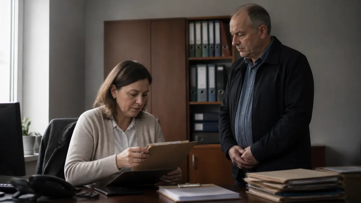 HR porównuje orzeczenie lekarskie przy zmianie pracodawcy Specjalistka HR przegląda zamkniętą teczkę, obok stoi kandydat w biurze.
