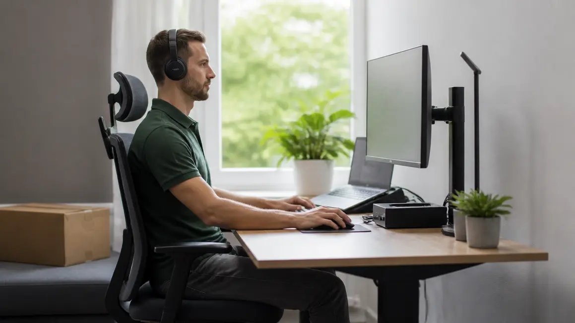 Bezpieczeństwo i ergonomia pracy zdalnej w domu Zadbane stanowisko pracy zdalnej w domu: ergonomiczne krzesło, monitor, laptop i słuchawki w naturalnym świetle.
