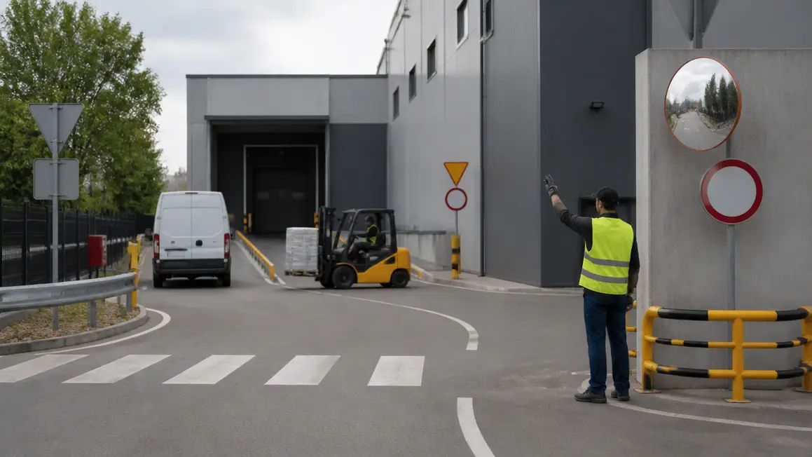 Bezpieczeństwo transportu wewnątrzzakładowego — organizacja ruchu Plac wewnętrzny z wózkiem widłowym i dostawczym samochodem, wyznaczone przejście dla pieszych i znaki bezpieczeństwa.
