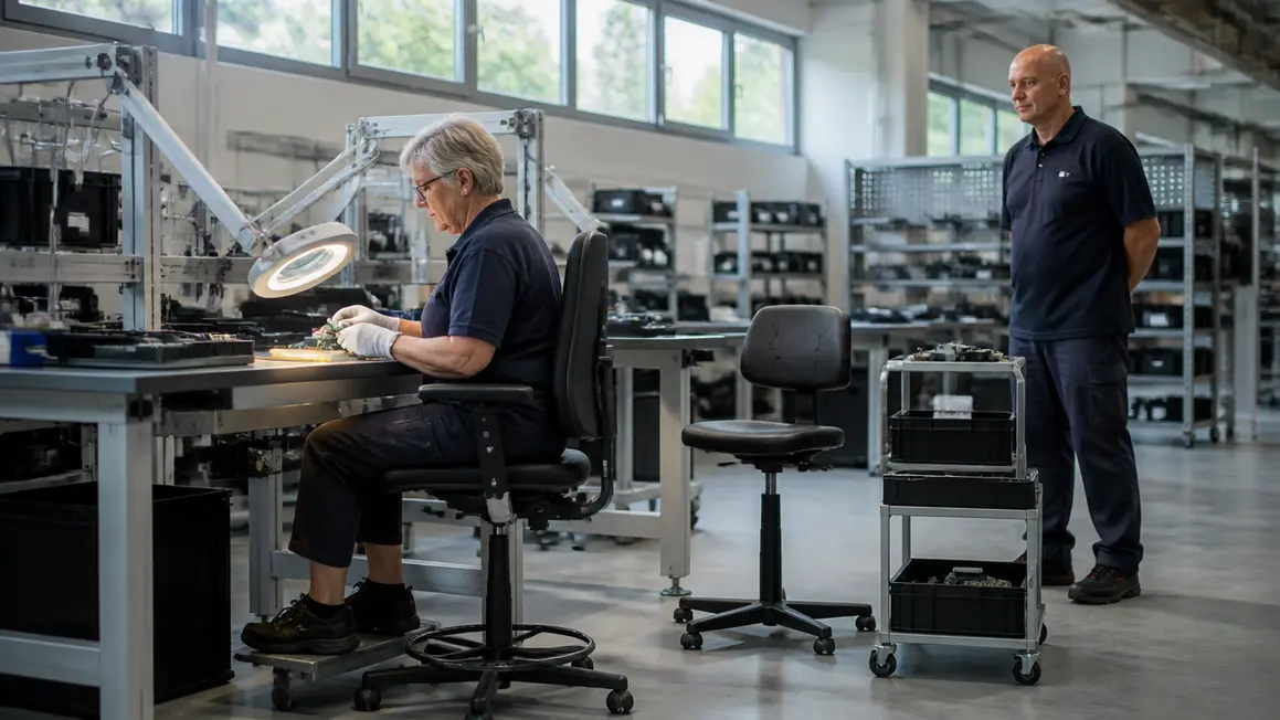 BHP i praca osób starszych — dostosowanie stanowiska Starszy pracownik przy ergonomicznie dostosowanym stanowisku produkcyjnym, dobre oświetlenie i porządek.