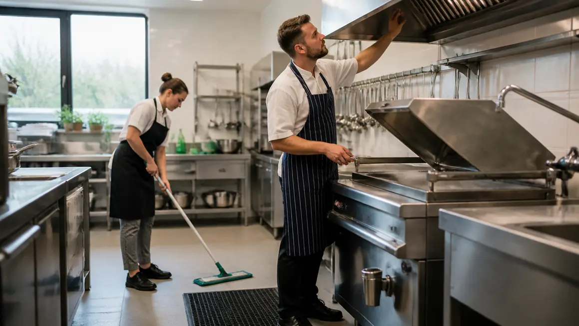 BHP w gastronomii — czystość, podłogi, oświetlenie, wentylacja, maszyny Pracownicy kuchni podczas rutynowego obchodu BHP: czyszczenie, maty antypoślizgowe, kontrola urządzeń i wentylacji.