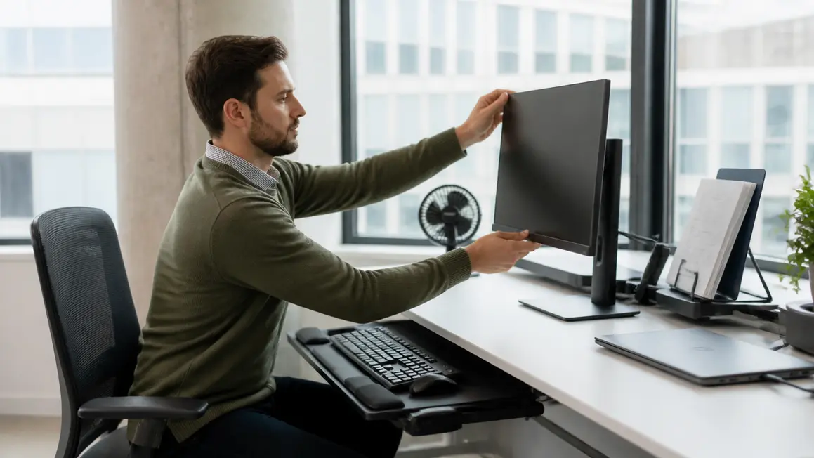 Ergonomia i porządek na stanowisku biurowym Uporządkowane stanowisko biurowe z monitorem w linii wzroku, wysuwaną półką na klawiaturę i uporządkowanymi przewodami.