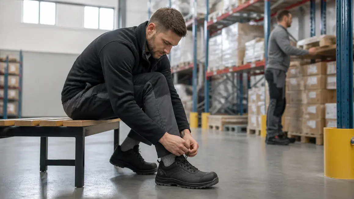 Buty do pracy w magazynie — dobór i bezpieczeństwo Pracownik magazynu zakłada bezpieczne buty robocze na antypoślizgowej podłodze, widoczne regały i uporządkowane otoczenie.