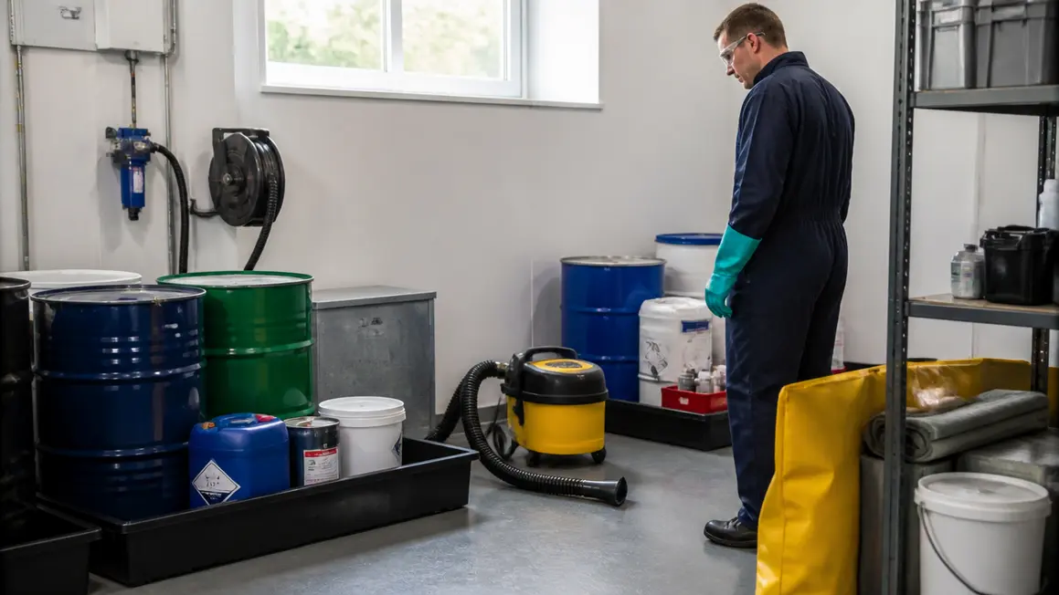 Bezpieczne zarządzanie czynnikami chemicznymi w magazynie Porządny magazyn chemikaliów z zabezpieczonymi pojemnikami i pracownikiem w rękawicach i okularach ochronnych.