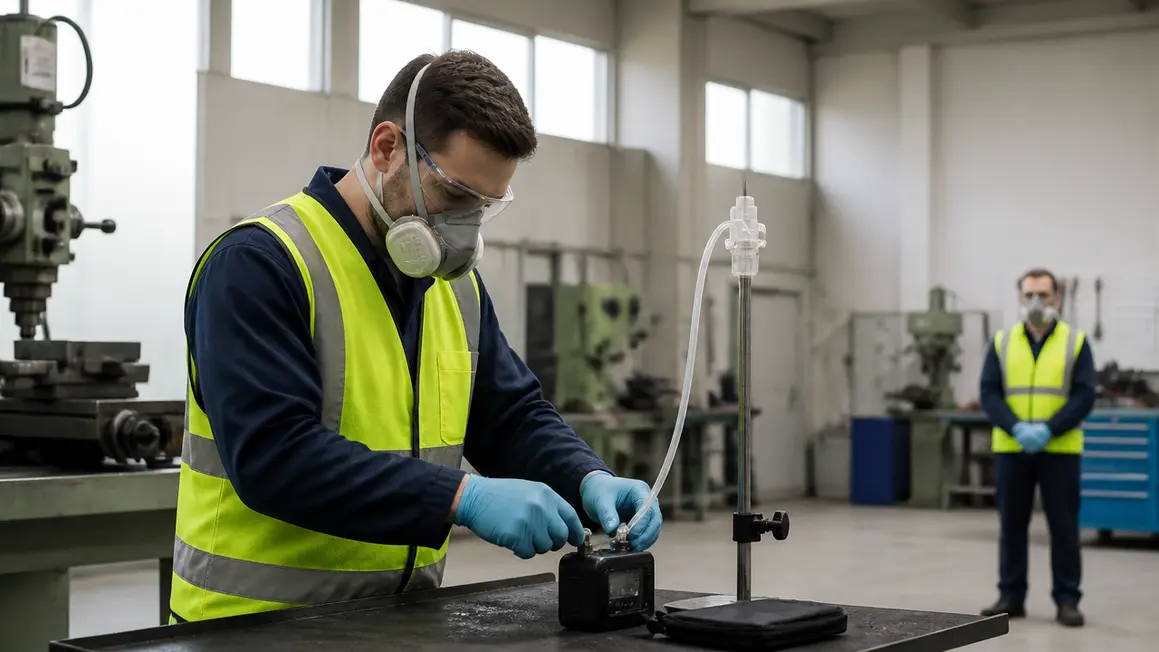 Ocena czynników niebezpiecznych, szkodliwych i uciążliwych Technik BHP instalujący przenośny aparat do poboru powietrza w uporządkowanej hali produkcyjnej podczas oceny czynników.