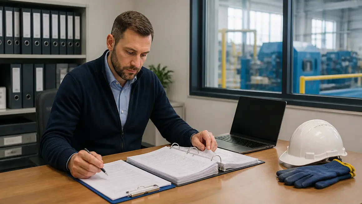 Porządkowanie dokumentacji BHP w przedsiębiorstwie Specjalista BHP przegląda uporządkowane teczki i rejestry na biurku w porządnym, dobrze oświetlonym biurze.