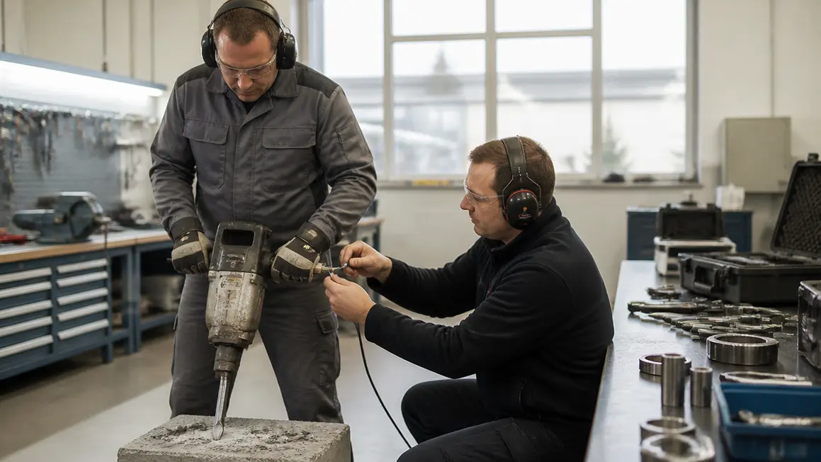Drgania mechaniczne i pomiar w warsztacie Pracownik używa młota pneumatycznego, technik montuje czujnik drgań w uporządkowanym warsztacie.