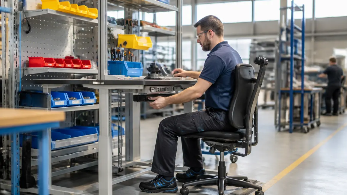 Ergonomia na stanowisku produkcyjnym — regulowany stół Pracownik reguluje wysokość stołu montażowego, siedząc na ergonomicznym krześle, narzędzia i pojemniki ułożone w zasięgu ręki.