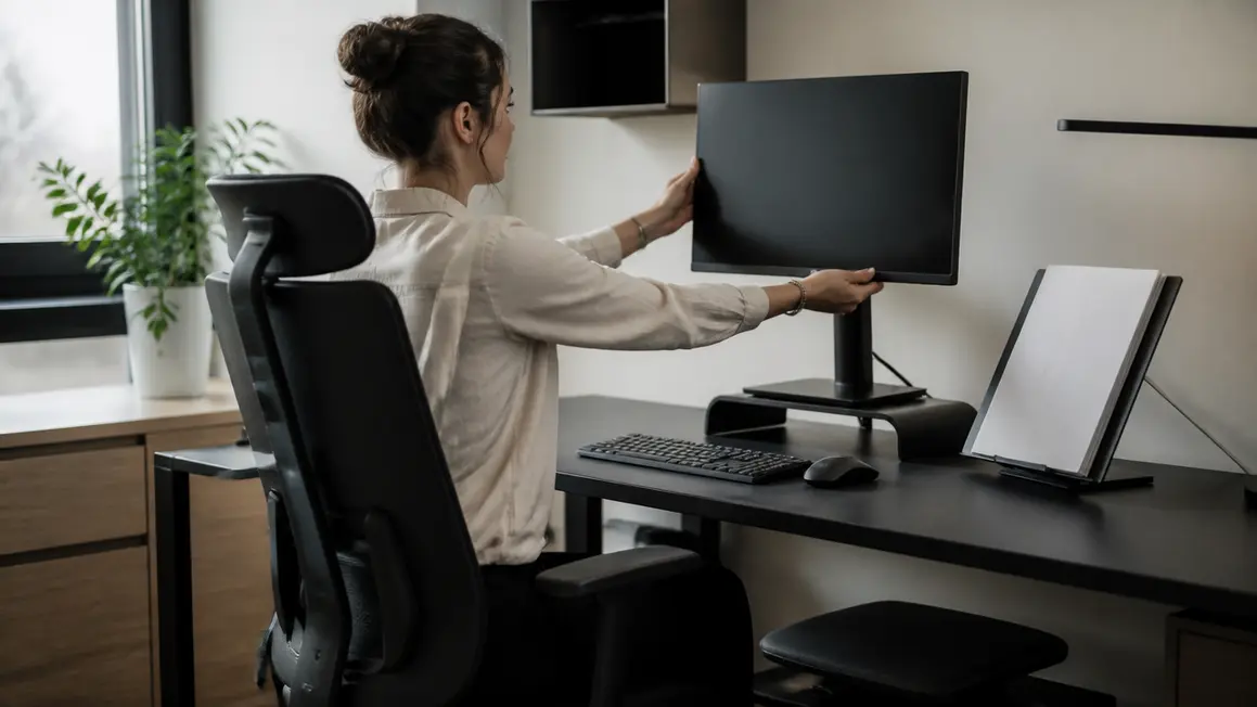 Ergonomia pracy przy komputerze — prawidłowe stanowisko Stanowisko komputerowe z monitorem na podwyższeniu, oddzielną klawiaturą i ergonomicznym krzesłem w oświetlonym biurze.