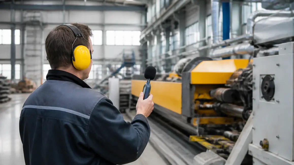 Pomiar hałasu w środowisku pracy — technik mierzy poziom w hali produkcyjnej Technik wykonuje pomiar poziomu hałasu w hali produkcyjnej przy maszynie, spokojna i uporządkowana scena.