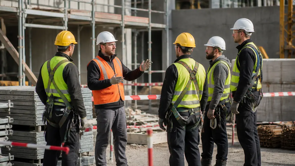 Instrukcja BHP przy pracach budowlanych — odprawa na budowie Kierownik na budowie wyjaśnia instrukcję BHP brygadzie w kaskach i kamizelkach, uporządkowany plac robót.
