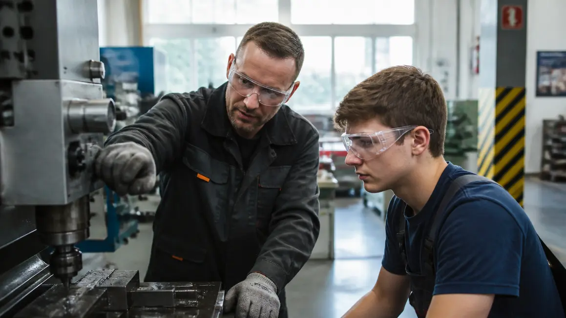 Instruktaż stanowiskowy przy stanowisku pracy — przełożony i pracownik Przełożony instruuje pracownika przy stanowisku pracy w hali produkcyjnej, naturalne światło, profesjonalna atmosfera.