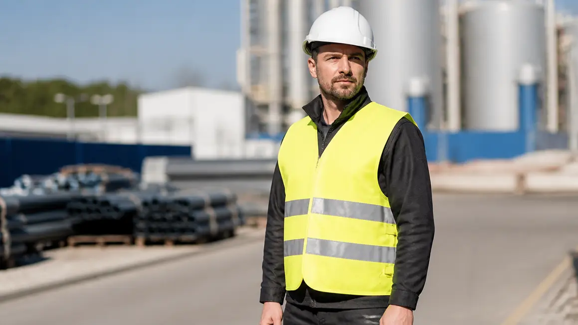 Kamizelka odblaskowa EN 20471 — konstrukcja i widzialność Pracownik na placu robót w kamizelce odblaskowej EN 20471 z trzema poziomymi pasami 5 cm, zamkiem i kieszeniami.