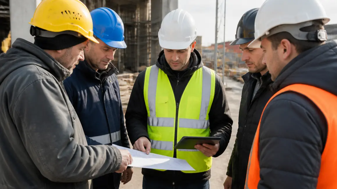 Koordynacja BHP przy kilku pracodawcach — kto i kiedy Koordynator BHP omawia harmonogram prac na budowie z przedstawicielami kilku wykonawców, spokojna i uporządkowana scena.