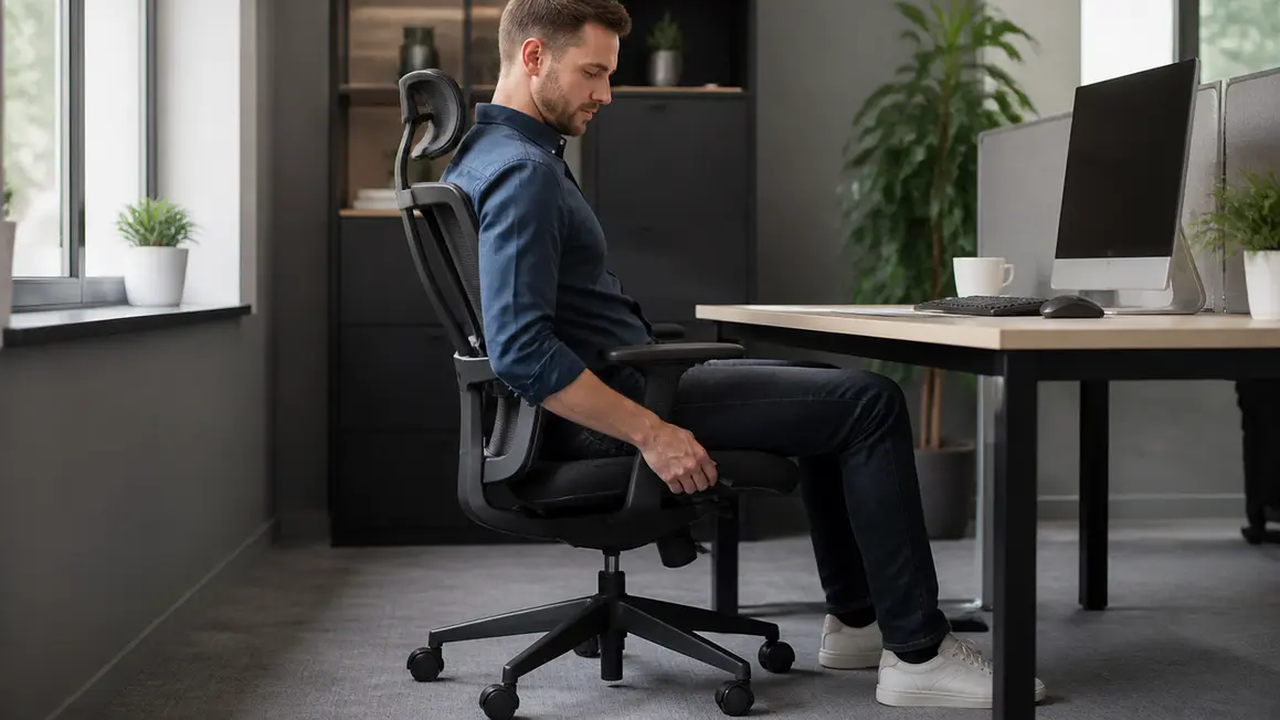 Krzesło ergonomiczne do biura — wymagania BHP Osoba dopasowuje ergonomiczne krzesło z pięcioramienną podstawą, regulowanymi podłokietnikami i podparciem lędźwiowym.
