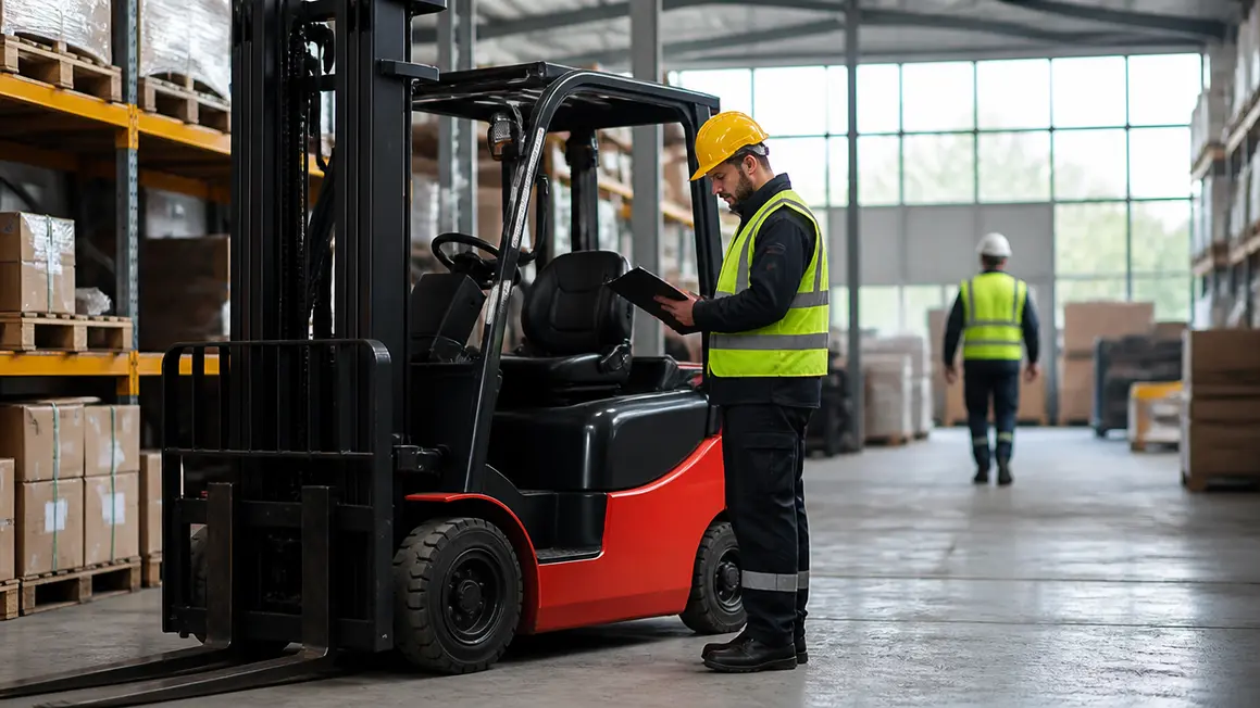 Uprawnienia i kontrola operatora wózka podnośnikowego Operator wózka podnośnikowego w kamizelce odblaskowej wykonuje codzienną kontrolę techniczną w uporządkowanej hali magazynowej.