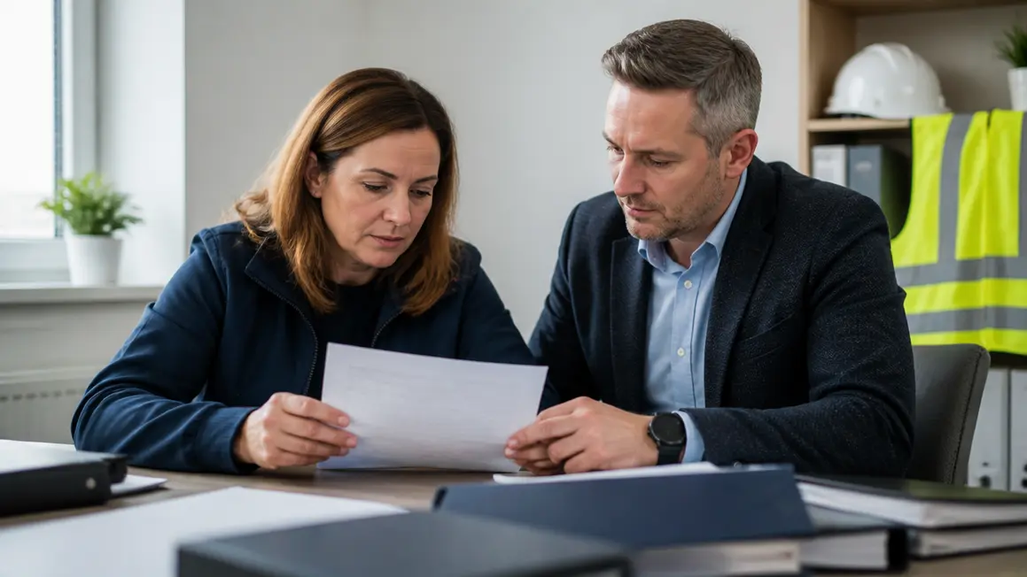Odpowiedzialność za naruszenie przepisów BHP — dokumentacja i kontrola Kierownik i specjalista BHP przeglądają dokumenty przy biurku w uporządkowanym biurze, światło dzienne.