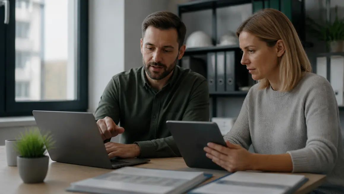 Wybór i porównanie oprogramowania BHP w firmowym biurze BHP specjalista i przedstawiciel HR dyskutują przy biurku z laptopem i tabletem, ekrany zamazane, uporządkowane dokumenty.