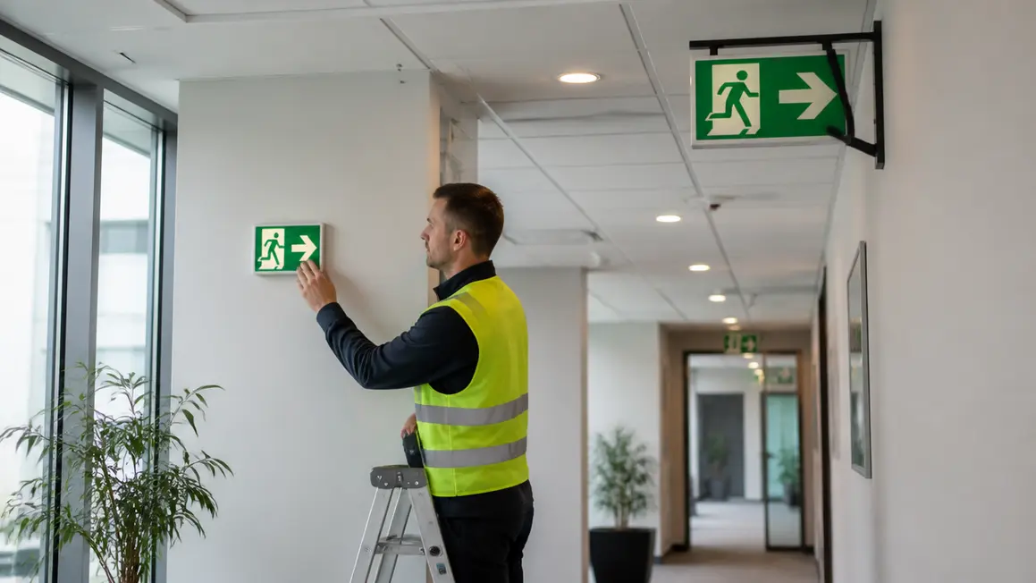 Oznakowanie ewakuacyjne w korytarzu biurowym Spokojny korytarz biurowy z widocznymi zielonymi piktogramami ewakuacyjnymi oraz elementami fotoluminescencyjnymi.
