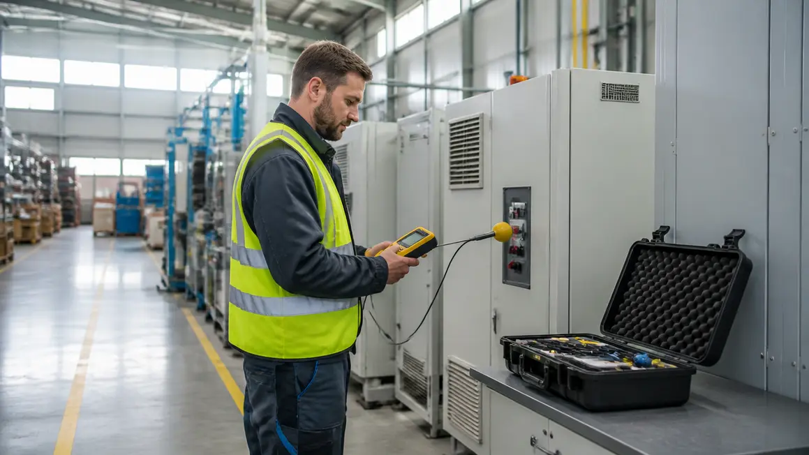 Pomiary pól elektromagnetycznych w miejscu pracy Technik BHP wykonuje pomiar pola elektromagnetycznego w uporządkowanej hali produkcyjnej z profesjonalnym sprzętem.