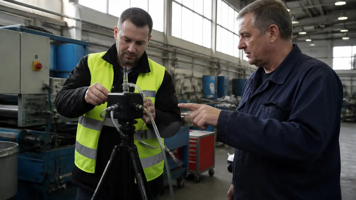 Technik ustawia aparat pomiarowy na hali produkcyjnej podczas rutynowych pomiarów Technik ustawia aparat pomiarowy przy maszynie, przełożony obserwuje na hali produkcyjnej.