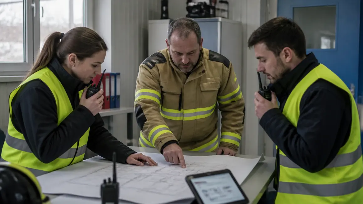 Postępowanie w sytuacjach awaryjnych - plan i ćwiczenia Zespół BHP omawia plan postępowania awaryjnego przy stole w uporządkowanym pomieszczeniu z radiotelefonami i tabletem.