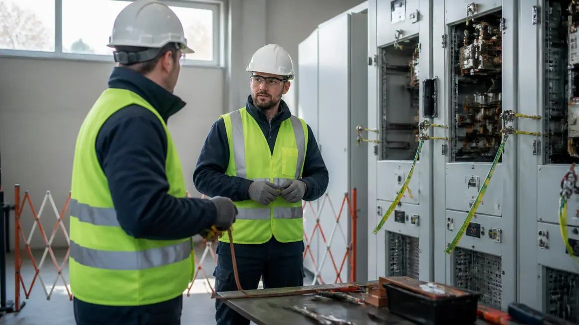 Prace eksploatacyjne przy urządzeniach energetycznych Dwóch techników w odzieży ochronnej pracuje przy rozdzielni energetycznej podczas przygotowywania strefy pracy.