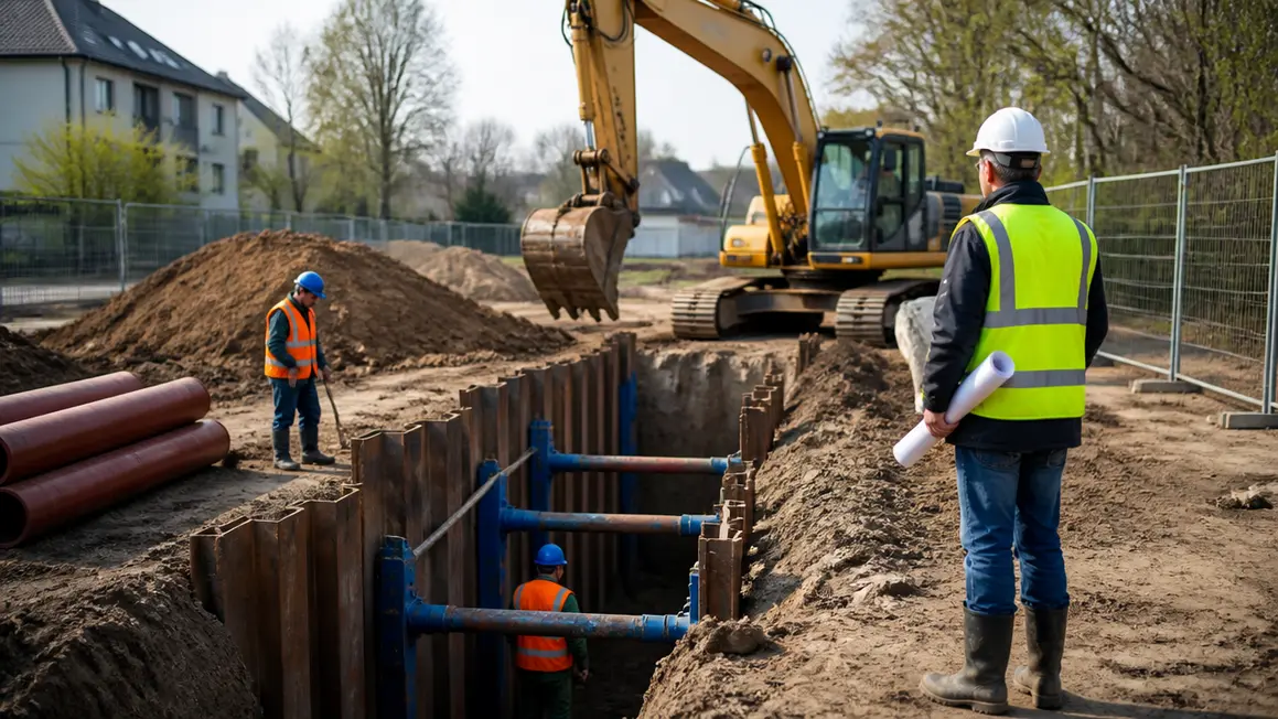 Prace ziemne i wykopy pod fundamenty – plan i bezpieczeństwo Wykop pod fundamenty na budowie: koparka, zabezpieczenie ścian, odwodnienie, uporządkowany urobek, pracownicy w kaskach.