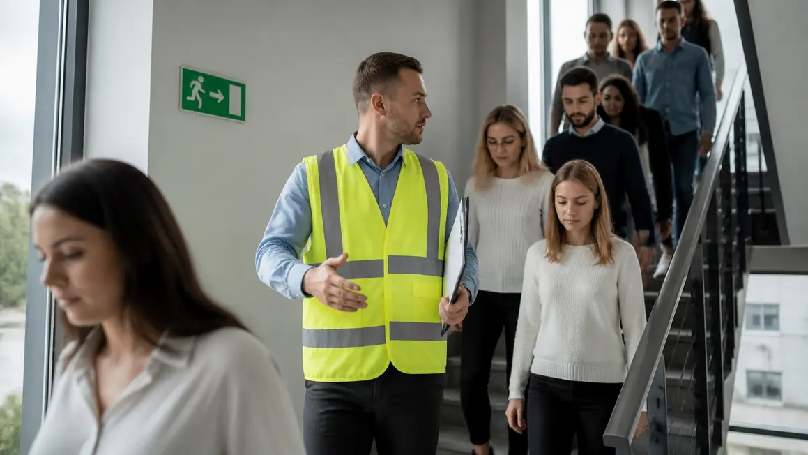 Procedury ewakuacji pracowników — próba i koordynacja Koordynator prowadzi spokojną próbę ewakuacji pracowników w biurowcu, grupy schodzą po klatce schodowej w porządku.