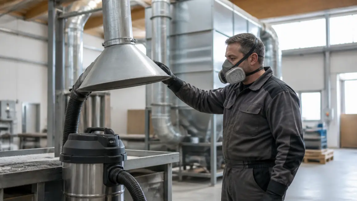 Ograniczanie pyłów przemysłowych przy stanowisku pracy, kontrola i odpylanie Pracownik w hali produkcyjnej przy stanowisku z miejscowym wyciągiem i odkurzaczem przemysłowym.