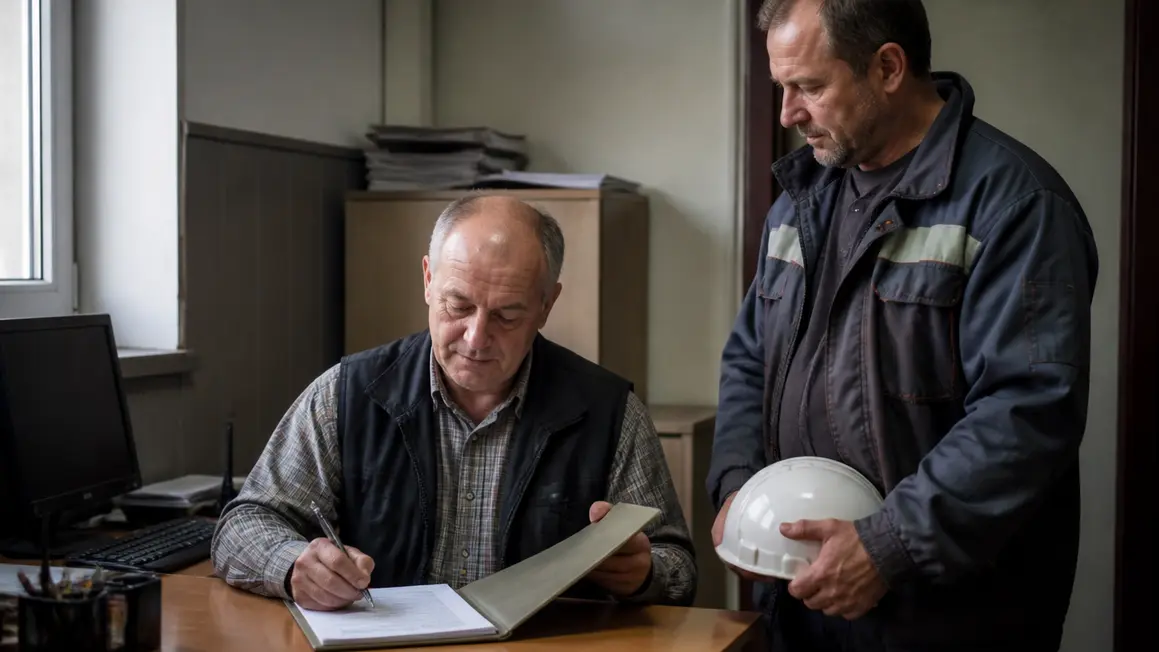 Uzupełnianie rejestru prac związanych z czynnikami CMR Specjalista BHP uzupełnia zamkniętą teczkę rejestru, obok stoi pracownik hali.