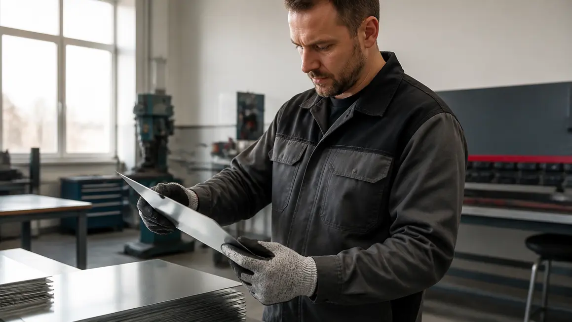 Rękawice antyprzecięciowe — dobór i testy użytkowe Pracownik w warsztacie w rękawicach antyprzecięciowych trzyma ostrą blachę, naturalne światło i uporządkowane otoczenie.