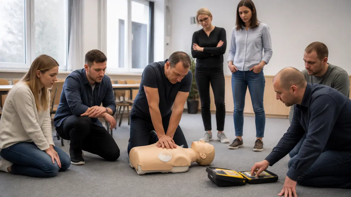 Szkolenie resuscytacji (RKO) i obsługi AED w firmie Pracownicy ćwiczą RKO na fantomie podczas firmowego szkolenia, instruktor demonstruje podłączenie AED.