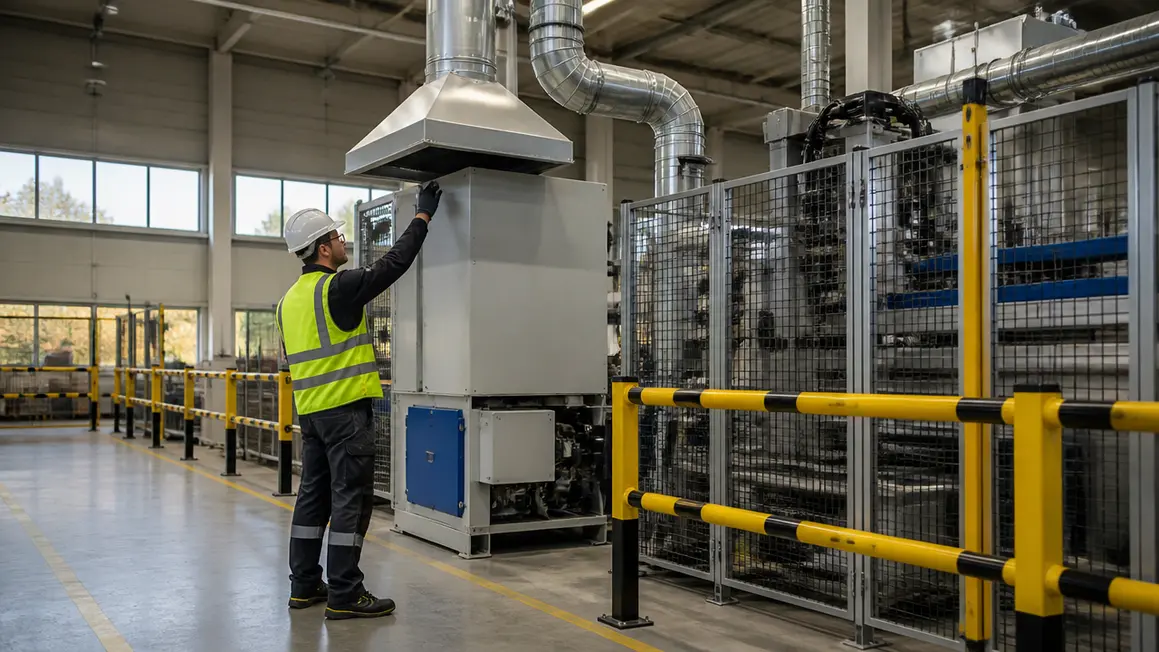 Środki ochrony zbiorowej: wentylacja i osłony maszyn Technik sprawdza system wentylacji i osłony maszyny w uporządkowanej hali produkcyjnej, pokazując środki ochrony zbiorowej.