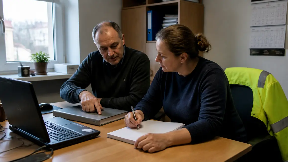 Specjalista BHP i HR przeglądają terminy BHP w styczniu Specjalista BHP i pracownica HR przeglądają rejestr terminów przy biurku.