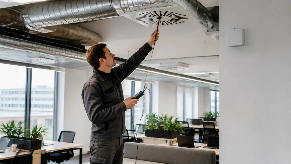 Kontrola wentylacji i jakość powietrza w biurze Technik kontroluje kratkę wentylacyjną w uporządkowanym biurze, widoczne kanały HVAC i dyskretny czujnik jakości powietrza.