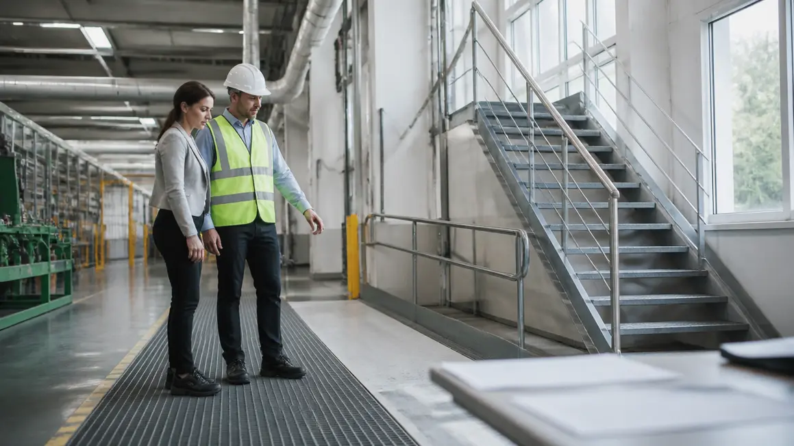 Wymagania dla pomieszczeń i obiektów pracy — bezpieczne warunki Hala produkcyjna z porządnymi schodami, pochylnią i nieśliskimi nawierzchniami, inspekcja BHP.