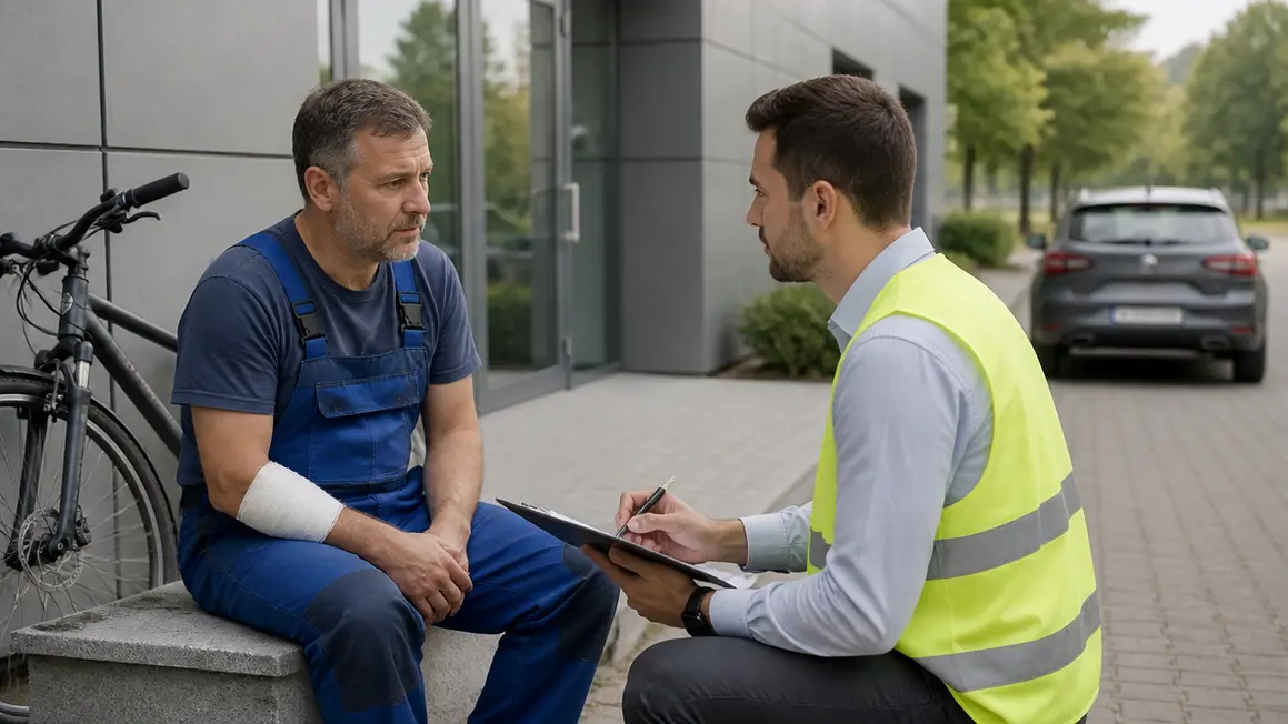 Wypadek w drodze do pracy — zgłoszenie i dokumentacja Pracownik z opatrunkiem rozmawia z przedstawicielem HR przy wejściu do firmy, obok stoi rower, naturalne światło.