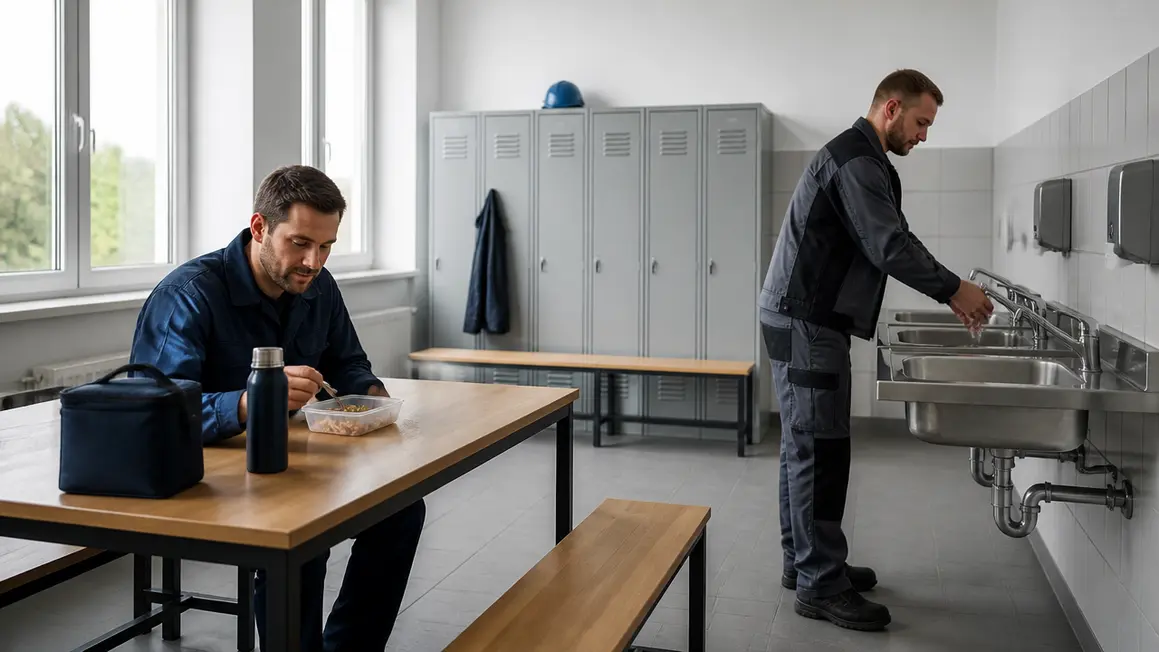 Zaplecze higieniczno-sanitarne — jadalnia i szatnia Jadalnia i szatnia pracownicza z umywalką i pracownikami podczas przerwy w spokojnym, uporządkowanym środowisku.