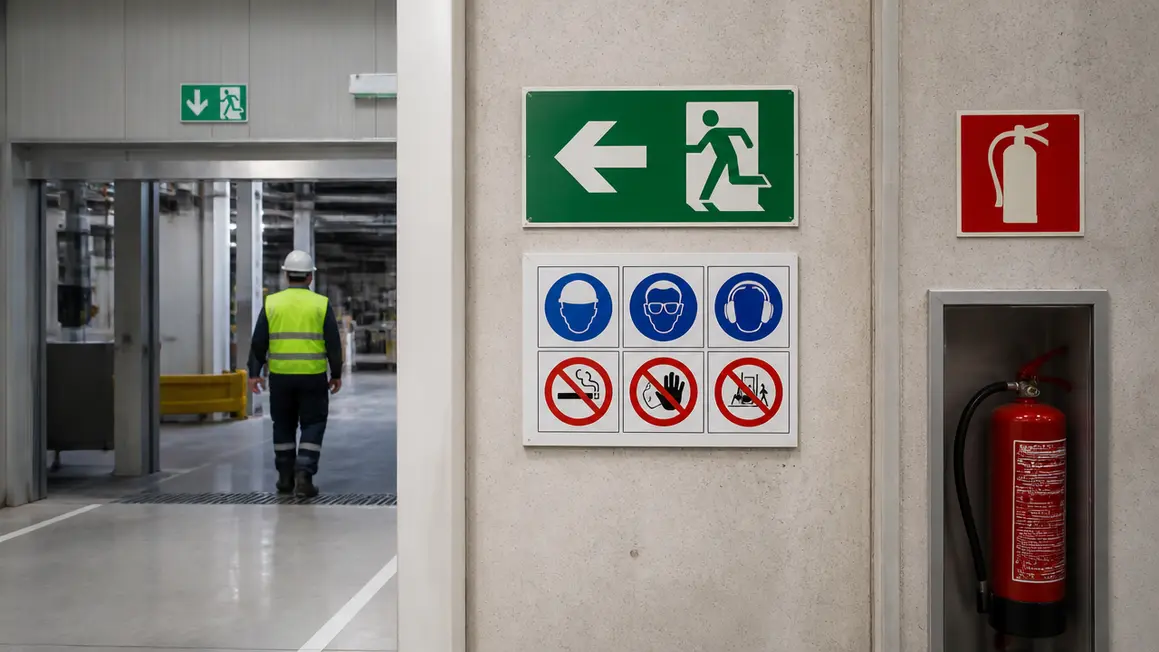 Znaki i barwy bezpieczeństwa – czytelne oznakowanie Przemyslowy korytarz z czytelnymi zielonymi znakami ewakuacyjnymi, czerwonymi oznaczeniami ppoż. i znakami nakazu.